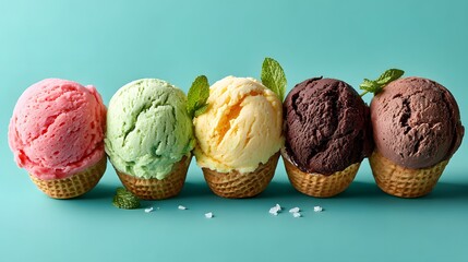 Five Colorful Scoops of Ice Cream in Waffle Cones on a Mint Green Background with Garnish