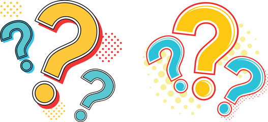 Colorful Question Marks: Vibrant and playful question marks, rendered in a cartoon style, spark curiosity and intrigue, perfect for conveying inquiry, uncertainty, or decision-making.
