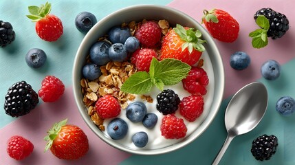 Bowl of Fresh Yogurt Topped with Assorted Berries and Granola on Colorful Background