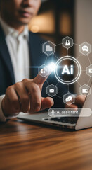 Naklejka premium Businessman using artificial intelligence assistant interface on laptop futuristic technology icons digital innovation modern workspace professional smart office productivity focus efficiency