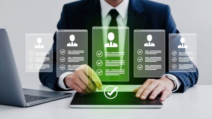 Businessman selecting candidate resume on tablet using digital recruitment interface with profile icons and check marks.