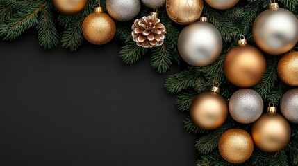 Christmas ornaments in shades of gold and silver, hanging from a lavishly decorated tree, rich holiday elegance