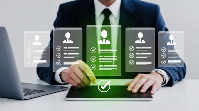 Businessman selecting candidate resume on tablet using digital recruitment interface with profile icons and check marks. - Powered by Adobe
