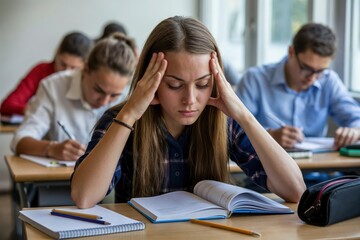 Stressed student girl holding head in classroom during exam with classmates focused on test writing.