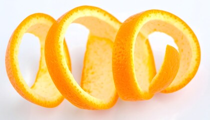 Close-up view of brightly colored orange peel spirals against a plain background.