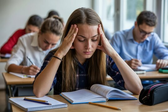 Stressed student girl holding head in classroom during exam with classmates focused on test writing.