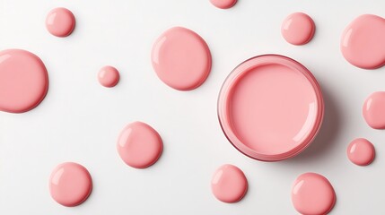 Obraz premium A round container of pink paint surrounded by droplets on a white surface, creating a clean and artistic aesthetic.