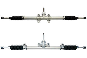 Two views of an automotive power steering rack and pinion assembly isolated with transparent background