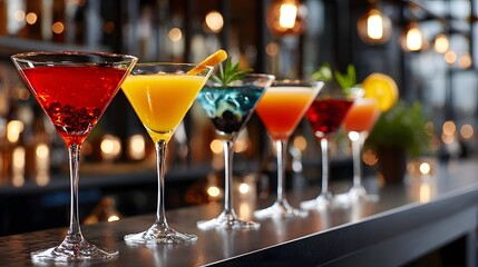 Array of Colorful Cocktails with Fruits in Elegant Glasses at a Stylish Bar with Soft Lighting