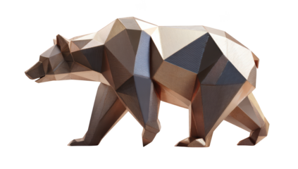 Low-poly bronze bear sculpture, side profile, geometric art