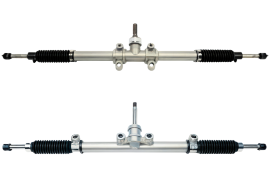 Two views of an automotive power steering rack and pinion assembly isolated with transparent background