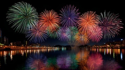 Fototapeta premium Colorful Fireworks Display Over Calm Water Reflecting City Lights at Night