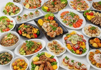 Fototapeta premium A generous spread of diverse and colorful mediterranean dishes isolated on white background