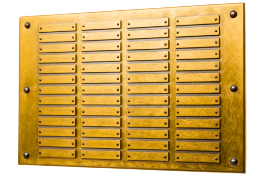 Vintage brass directory board with blank riveted name plates isolated with transparent background
