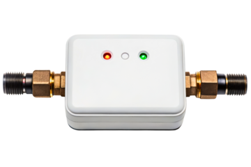 Electronic water leak detector with indicator lights and pipe fittings isolated with transparent background