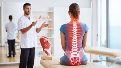 Physiotherapist explaining spinal anatomy to patient with digitally illustrated spine and pelvis in medical clinic.