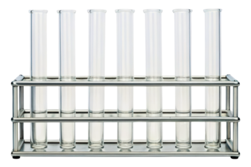 Empty glass laboratory test tubes in a stainless steel rack isolated with transparent background