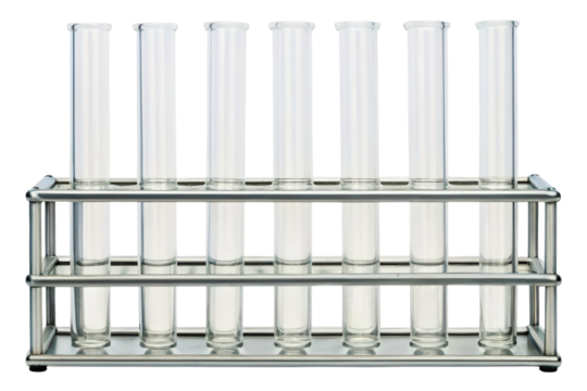 Empty glass laboratory test tubes in a stainless steel rack isolated with transparent background