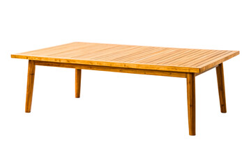 Rectangular wooden outdoor dining table with a slatted top design isolated with transparent background