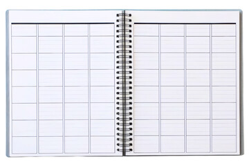 Open spiral-bound planner with a blank weekly schedule template isolated with transparent background
