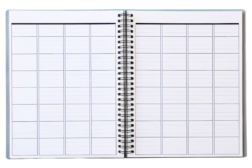 Open spiral-bound planner with a blank weekly schedule template isolated with transparent background