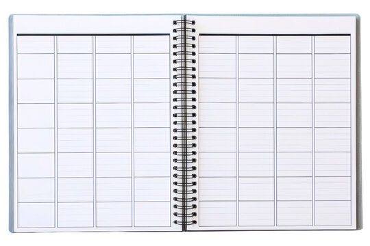 Open spiral-bound planner with a blank weekly schedule template isolated with transparent background