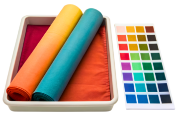 Rolls of colorful fabric with a color swatch palette for selection isolated with transparent background