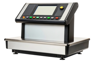 Industrial electronic weighing scale with a digital display isolated with transparent background