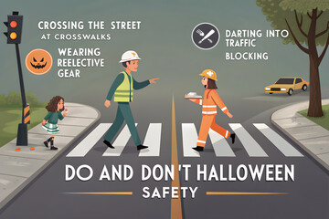 Halloween Safety Illustration Featuring Crossing and Traffic Tips