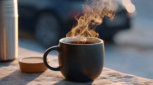 Steaming Mug of Coffee on a Table in the Morning Sunlight Outdoors
