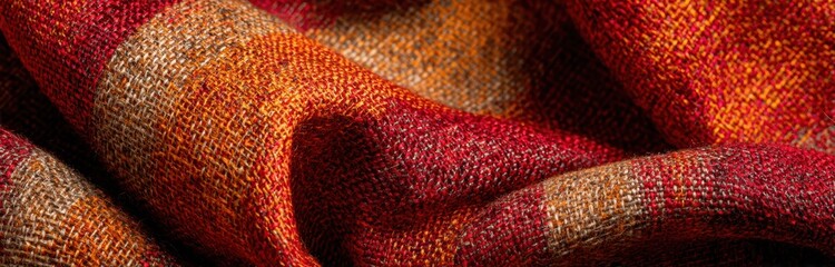 Handcrafted wool fabric in deep orange red shades, folded, visible texture, offering organic hygge cozy feeling, natural warmth, and artisanal quality for rustic fall, autumnal decorative background.