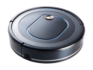 Round Robotic Vacuum Cleaner with Blue Light Accent robot vacuum cleaning isolated on a transparent background