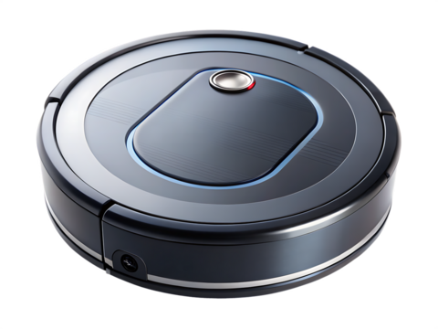 Round Robotic Vacuum Cleaner with Blue Light Accent robot vacuum cleaning isolated on a transparent background