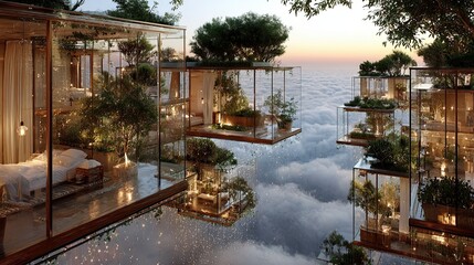 Futuristic glass houses surrounded by lush greenery floating above clouds at sunset