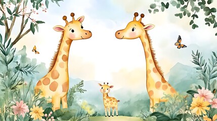 Naklejka premium Watercolor giraffe frame border.