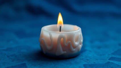Decorative candle with melting wax patterns on deep blue velvet, creating an atmospheric glow.