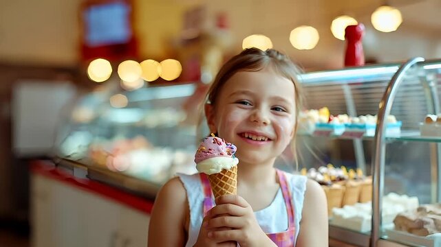 A young girl is captured in a candid moment as she savors an ice cream cone. The setting appears to be a bustling ice cream parlor, with colorful lights illuminating the scene.