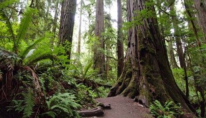 Lush forest floor teeming with ferns and massive ancient trees.