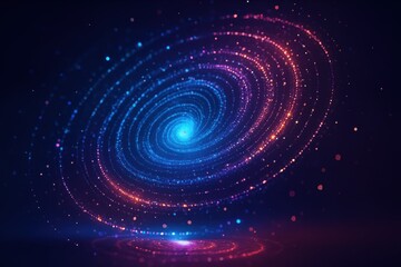 Abstract spiral galaxy design with blue and orange glowing particles on dark background