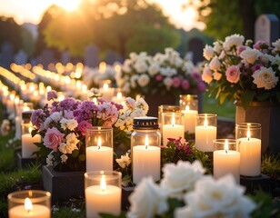 Sunset Cemetery Candles Flowers.