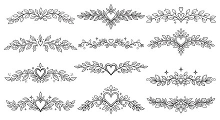 Collection of Hand-Drawn Decorative Floral Dividers with Hearts.