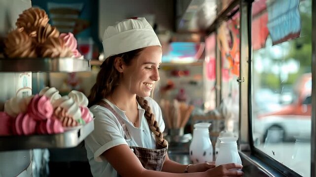 A young woman with freckles and a chefs hat smiles as she stands behind a counter in a bakery.