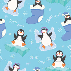 Seamless Winter Pattern with Cute Penguins – Playing in Snow, Christmas Sock, Ice Floe, Snow Angels on Blue Background