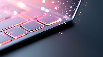 Close-up glowing laptop keyboard in pink neon. Futuristic cyberpunk style for technology, gaming, programming, UI design, workspace concepts and digital innovation projects.
