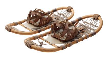 Pair of vintage wooden snowshoes, detail, leather bindings on black backdrop