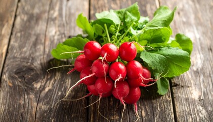 Bunch of red bit roots  with green leaves on a rustic wooden table