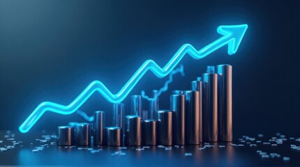 Ascending Blue Arrow on Growing Metallic Columns Against Dark Backdrop