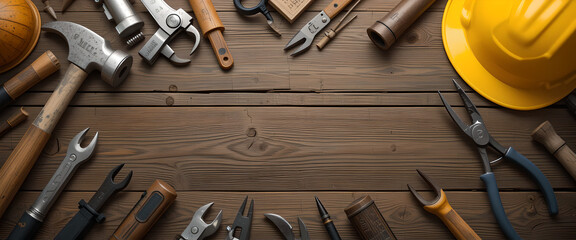 set of tools on a wooden background