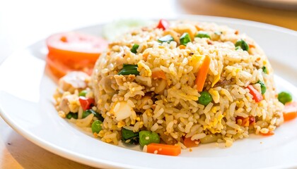 A plate of flavorful fried rice, piled high with colorful vegetables, meat, and eggs, is presented beautifully.