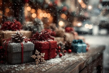 Christmas gifts on wooden table background image for design